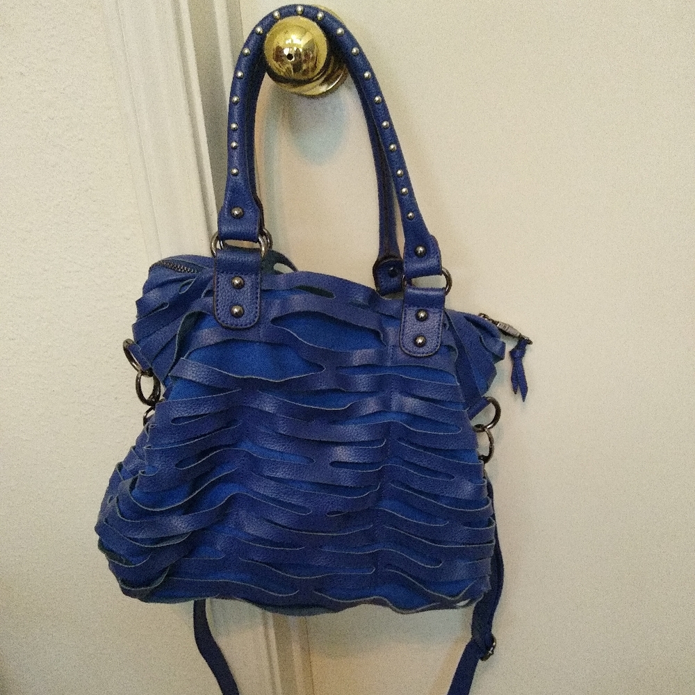 ROMYGOLD blue leather biker slash bag stud accents